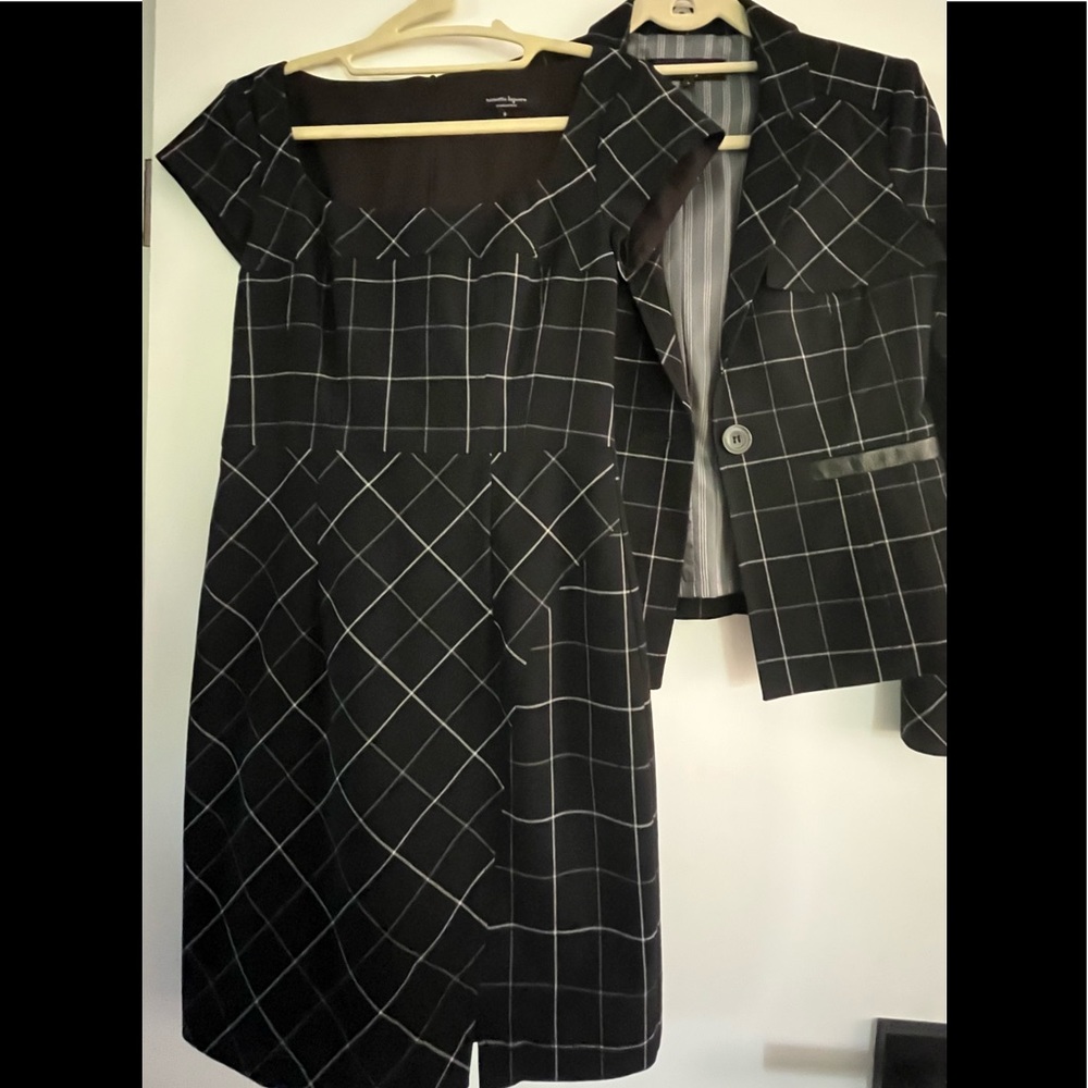 Nanette Lepore black plaid sheath dress suit jacket set Sz 0 2
